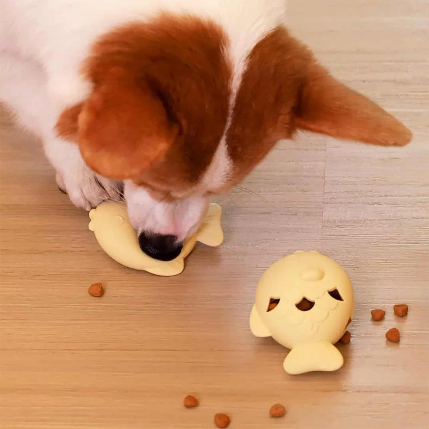 Yellow fish-shaped silicone treat dispenser for dogs