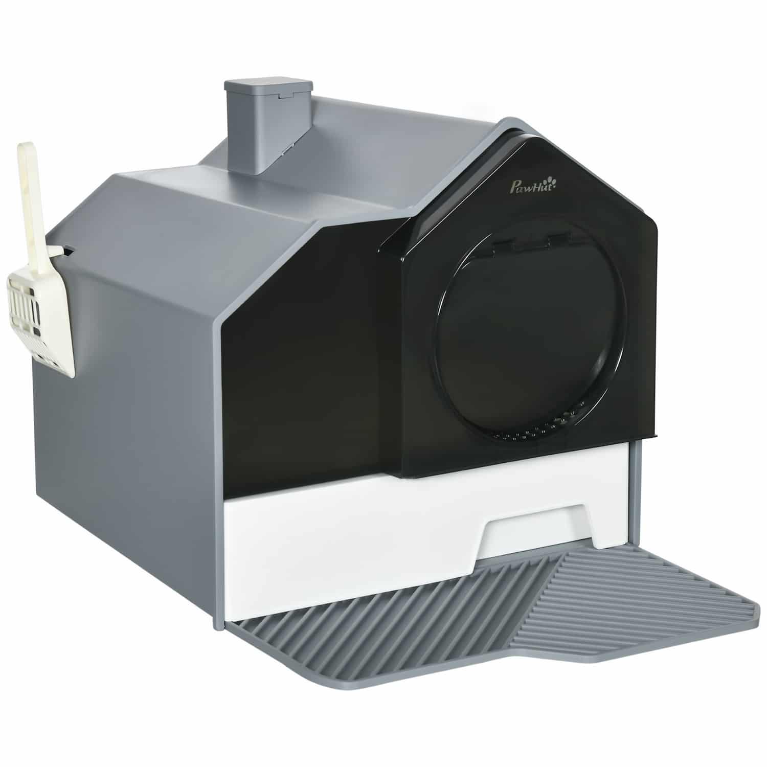Gray house-shaped hooded litter box with pullout drawer
