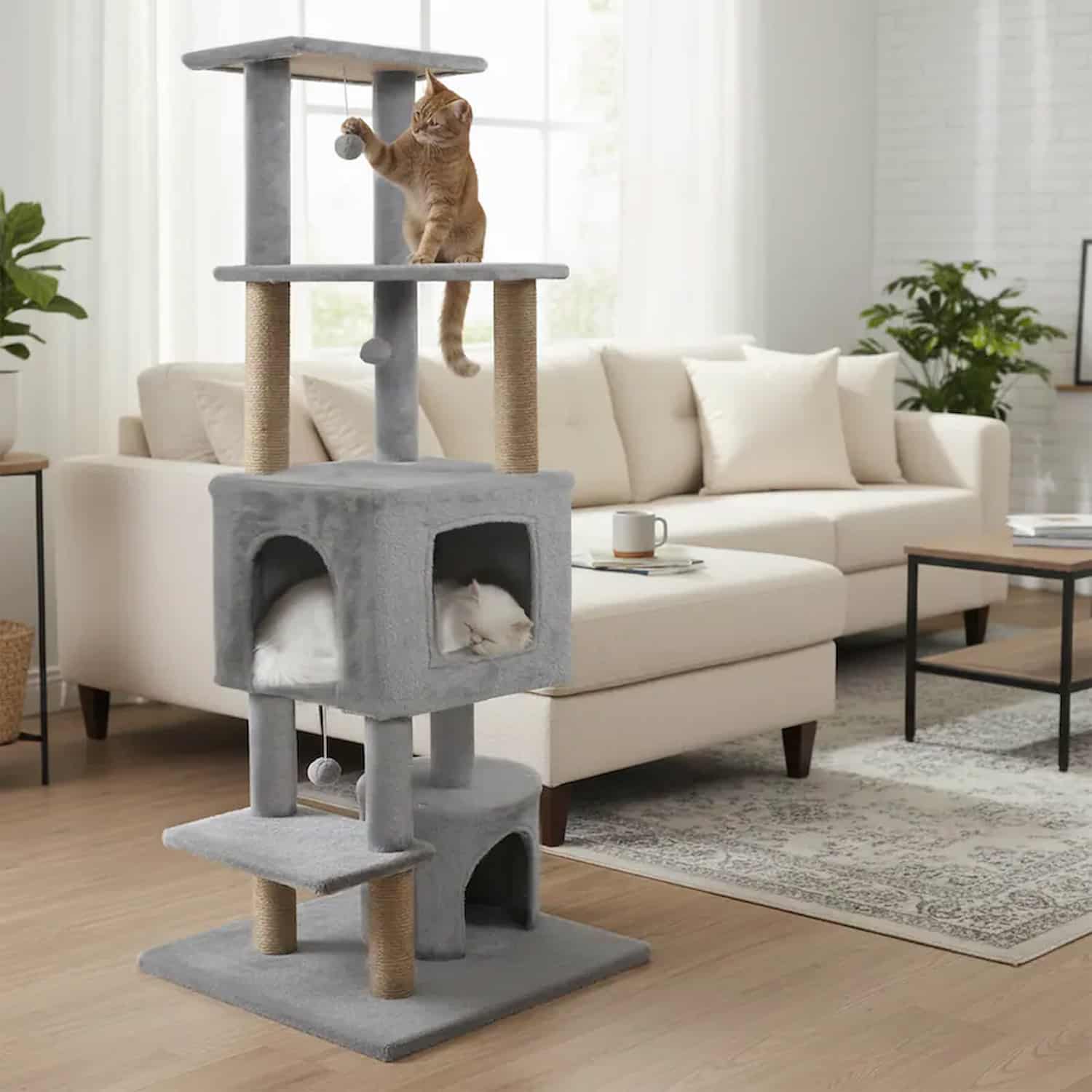 64 inch multi-level cat tree with dual condos and anti-tip base