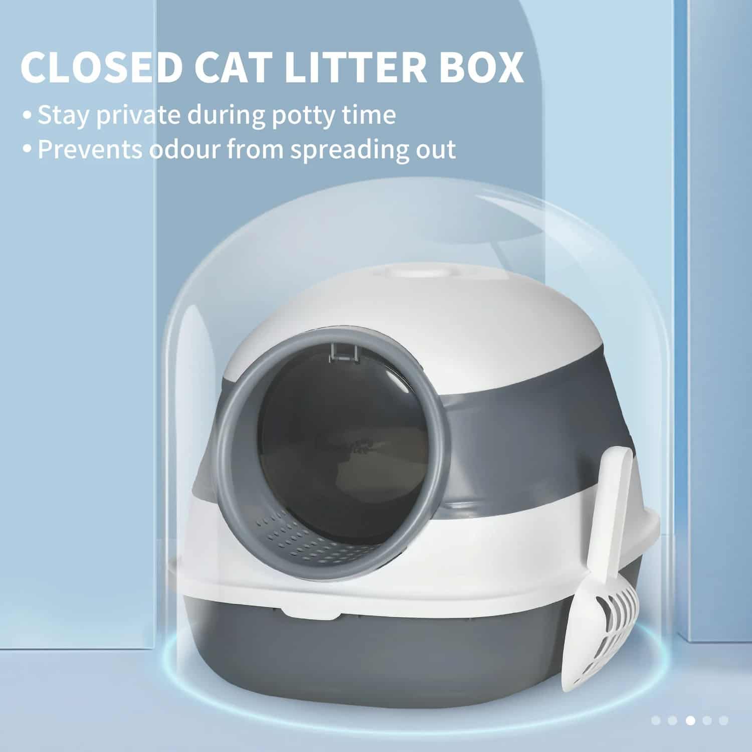 White and gray dome-covered cat litter box