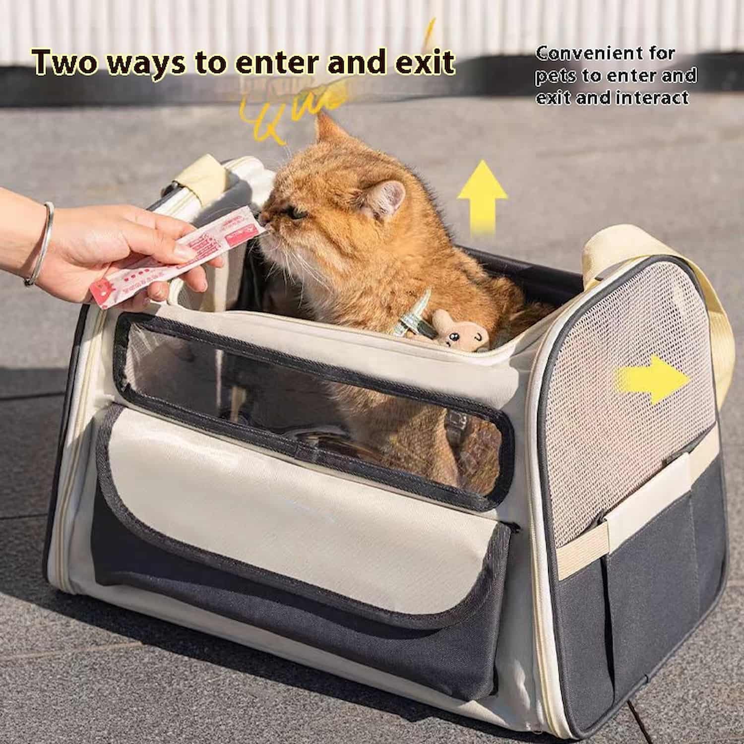 Large crossbody pet carrier with side mesh ventilation panels and padded shoulder strap, cat visible inside