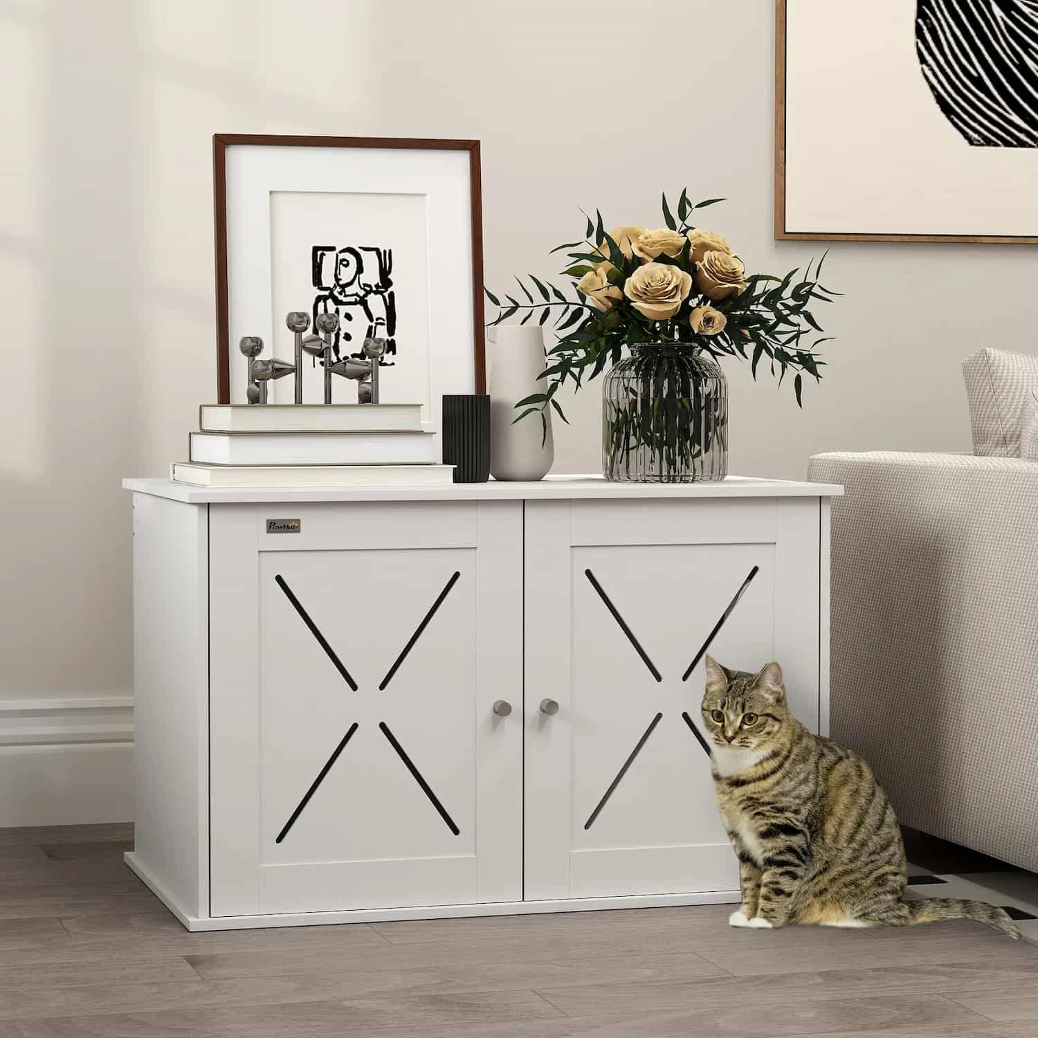 White hidden litter box cabinet with double doors and side entry hole