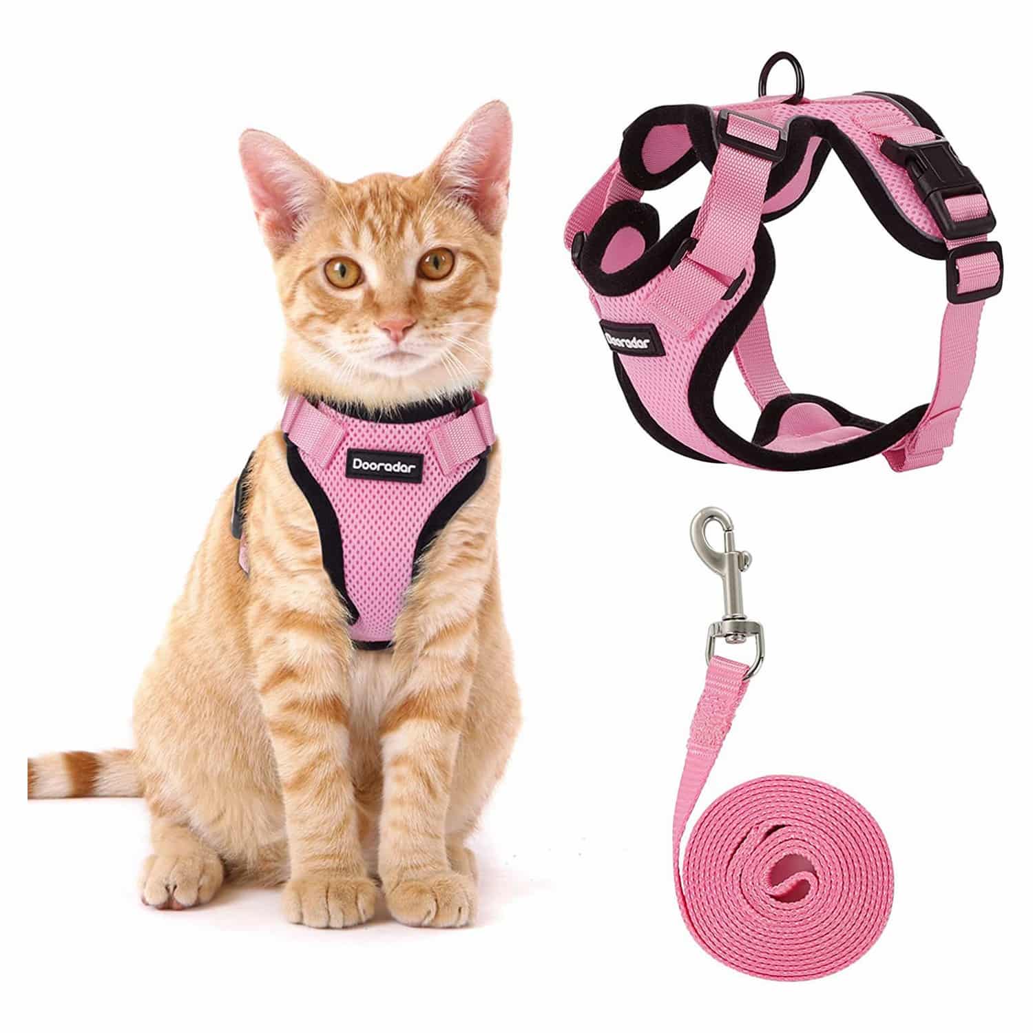 Pink mesh cat harness with leash