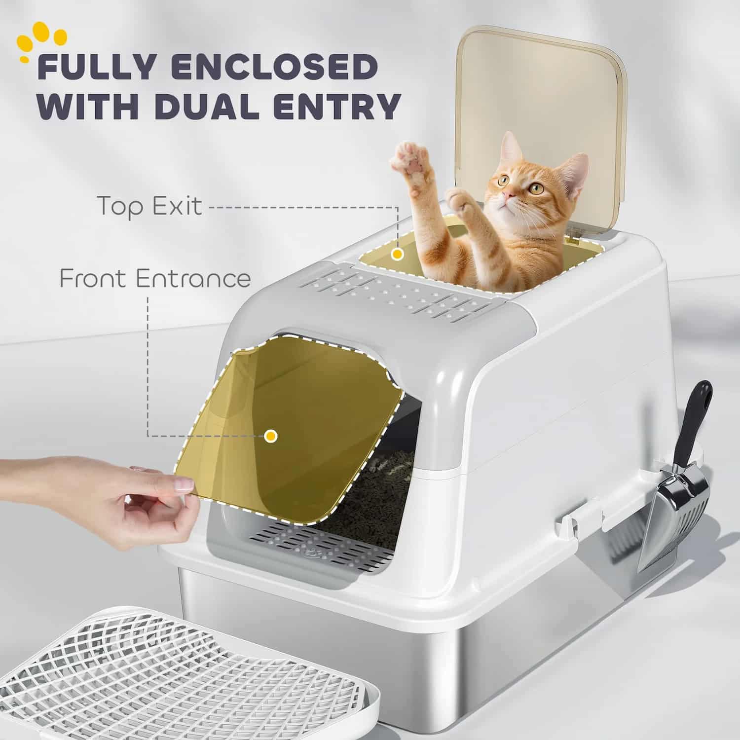 White enclosed litter box with top exit and sand drop pedal