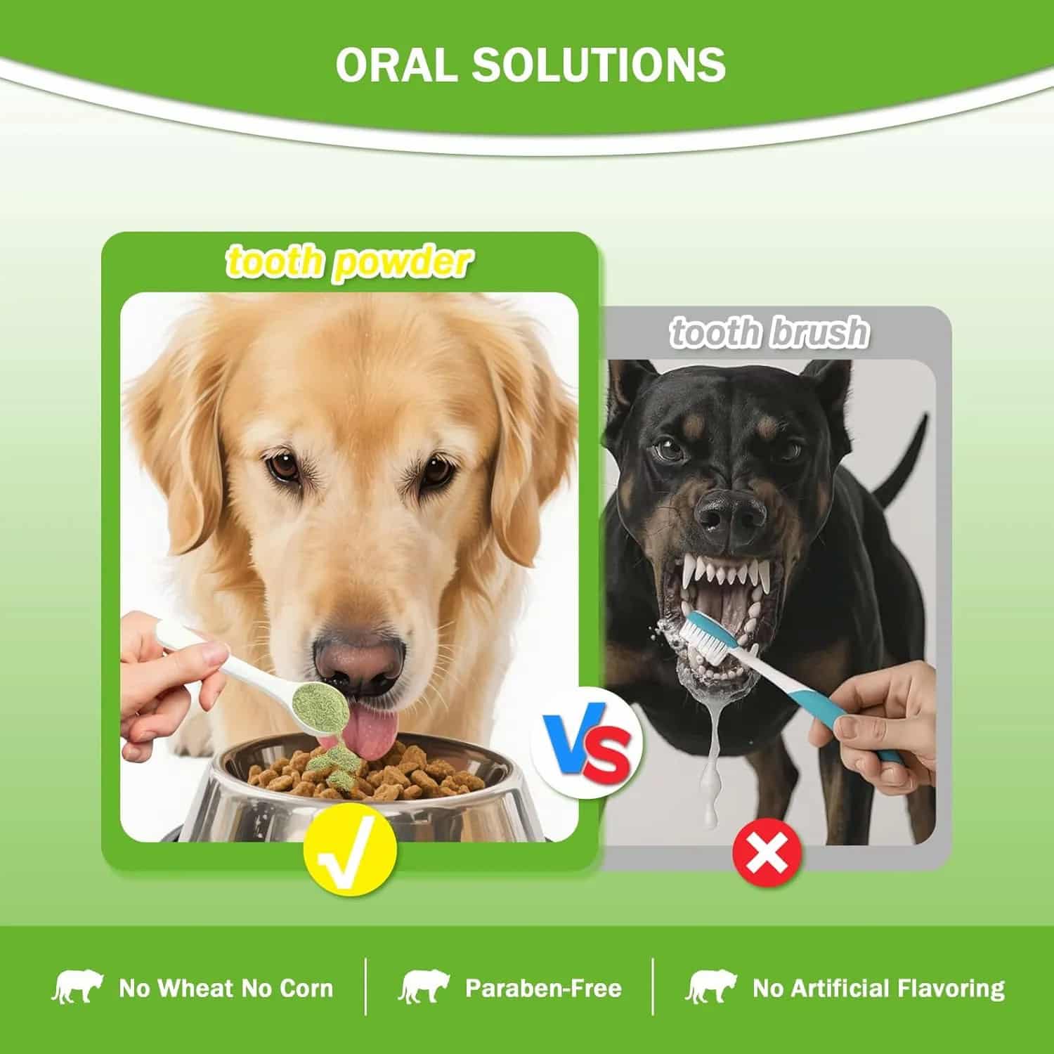Pet teeth cleaning powder in sealed jar with green label, showing fine green powder, alongside product box