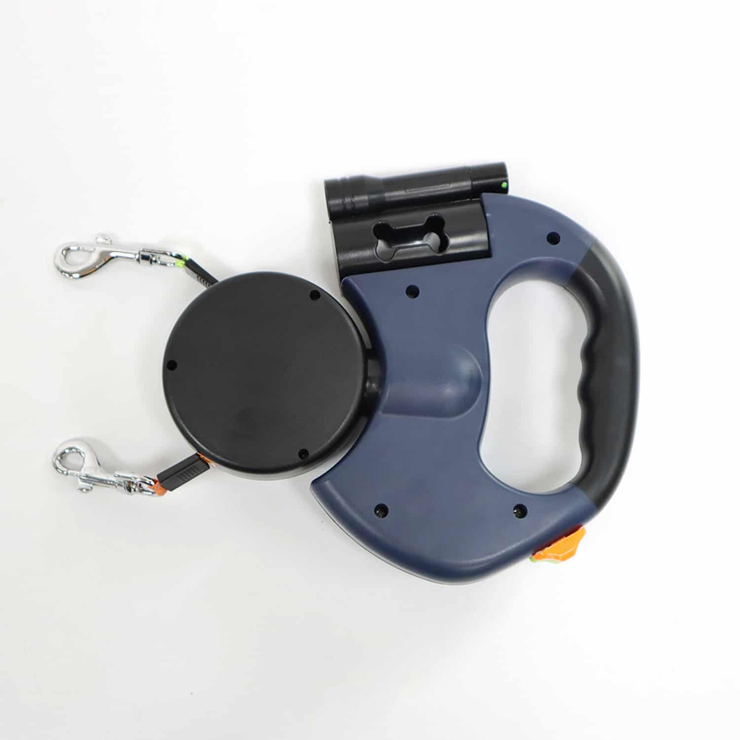 Dual retractable dog leash with 360 degree swivel and LED light