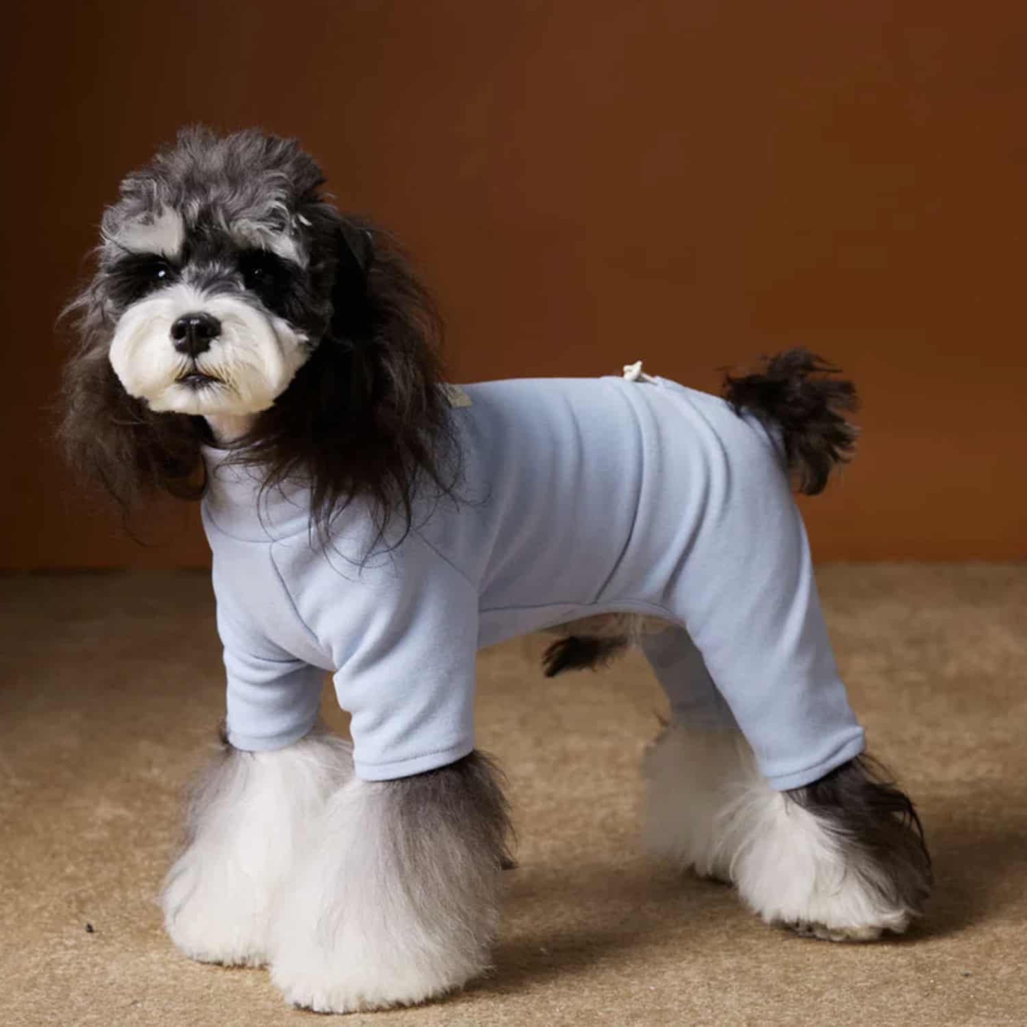 Light blue fleece dog jumpsuit with ruched back