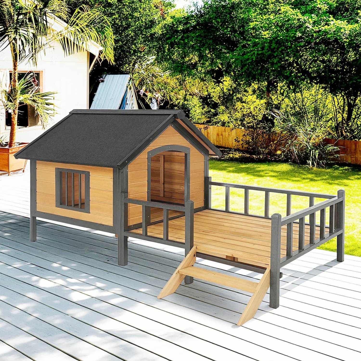 Elevated wooden dog house with deck porch and metal frame