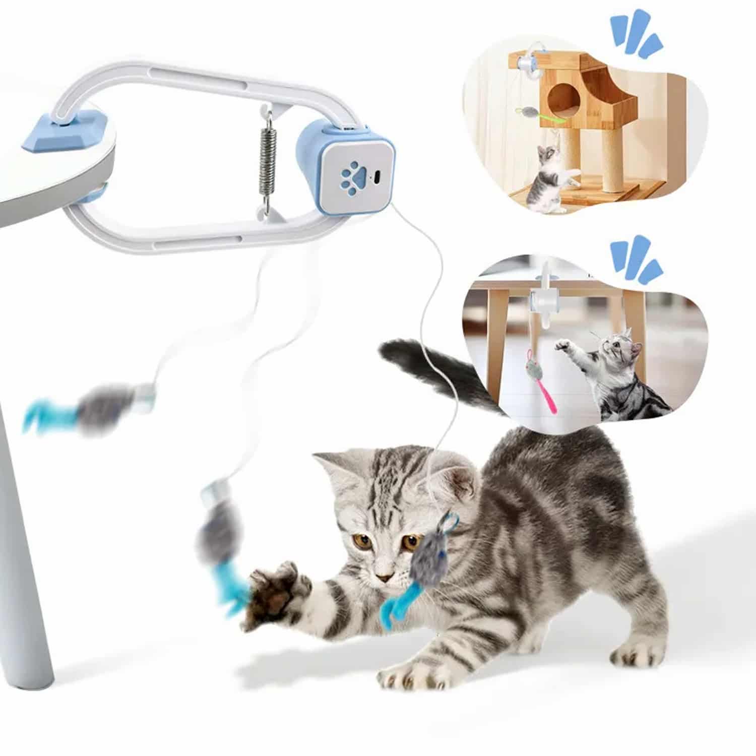 Clip-on remote control suspended cat teaser toy with three motion modes, USB rechargeable battery, spring-mounted motor unit, and three plush hanging toys, clips to doors shelves and furniture up to 8 inches thick