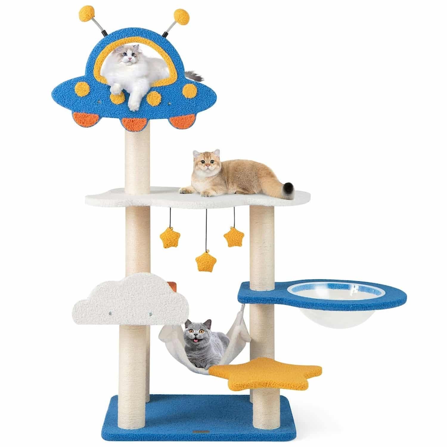 49-inch space-themed 7-level cat tree with UFO-shaped enclosed top perch, transparent space capsule, fabric swinging hammock, cloud-shaped platform, star-shaped platform, fully wrapped sisal posts, dangling star toys with bells, and wide plush base