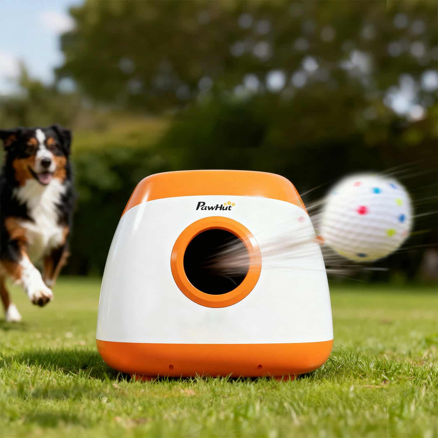 Automatic dog ball launcher in orange and white ABS, ball-detection sensor triggered launch, three distance settings up to 79 feet, 98-foot remote control, 5200mAh rechargeable battery, six 2.5-inch ETPU balls included, for medium and large dogs