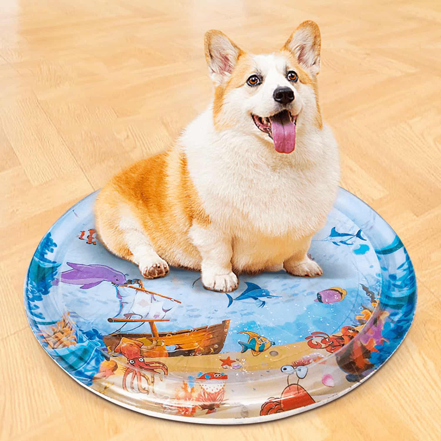 Round inflatable pet water cooling mat with sealed floating toy fish inside, ocean world print, available in 25 inch and 39 inch diameters for cats and dogs
