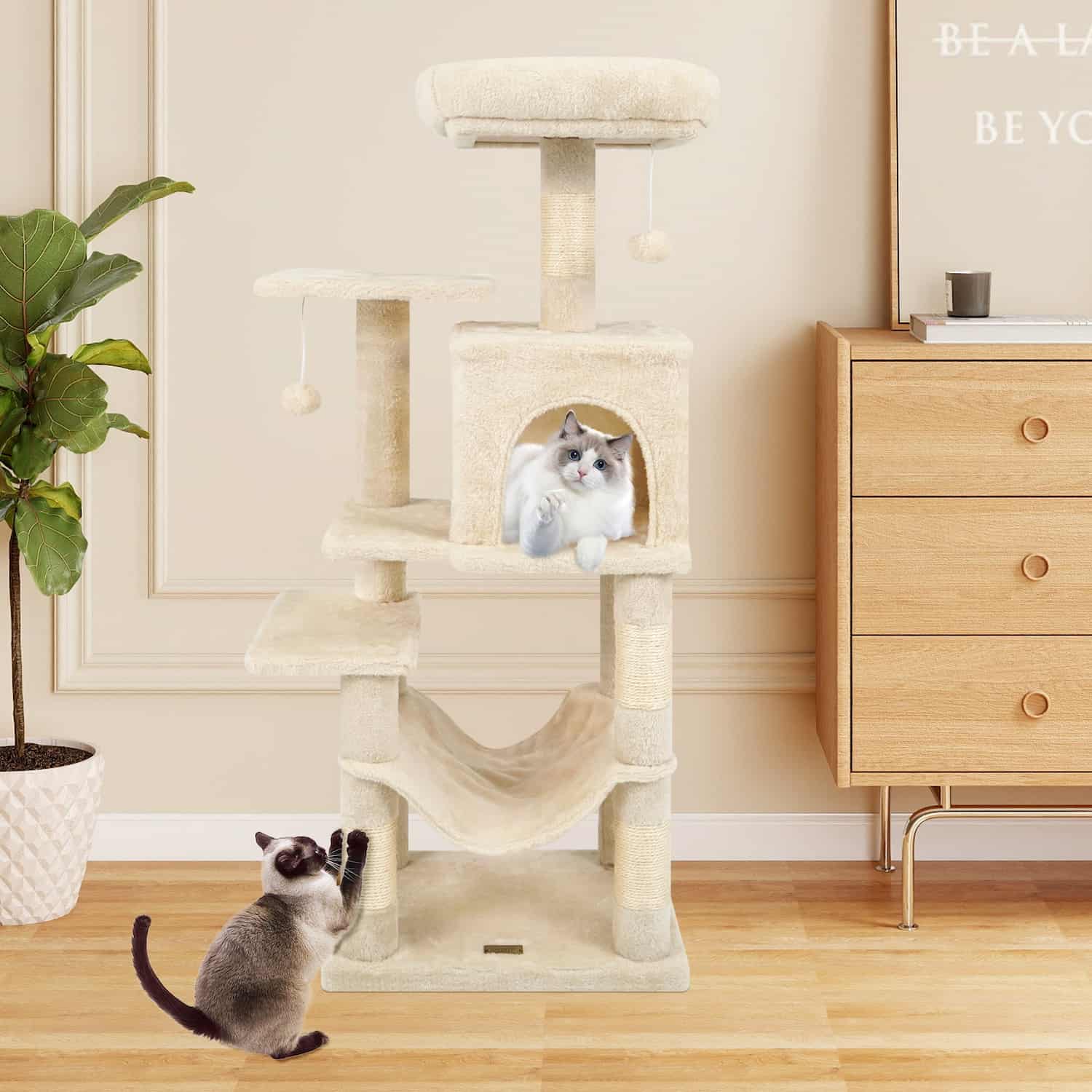 44-inch multi-level cat tree with 2-door condo, plush hammock, top perch, sisal scratching posts, two hanging toy balls, and anti-tip wall anchor