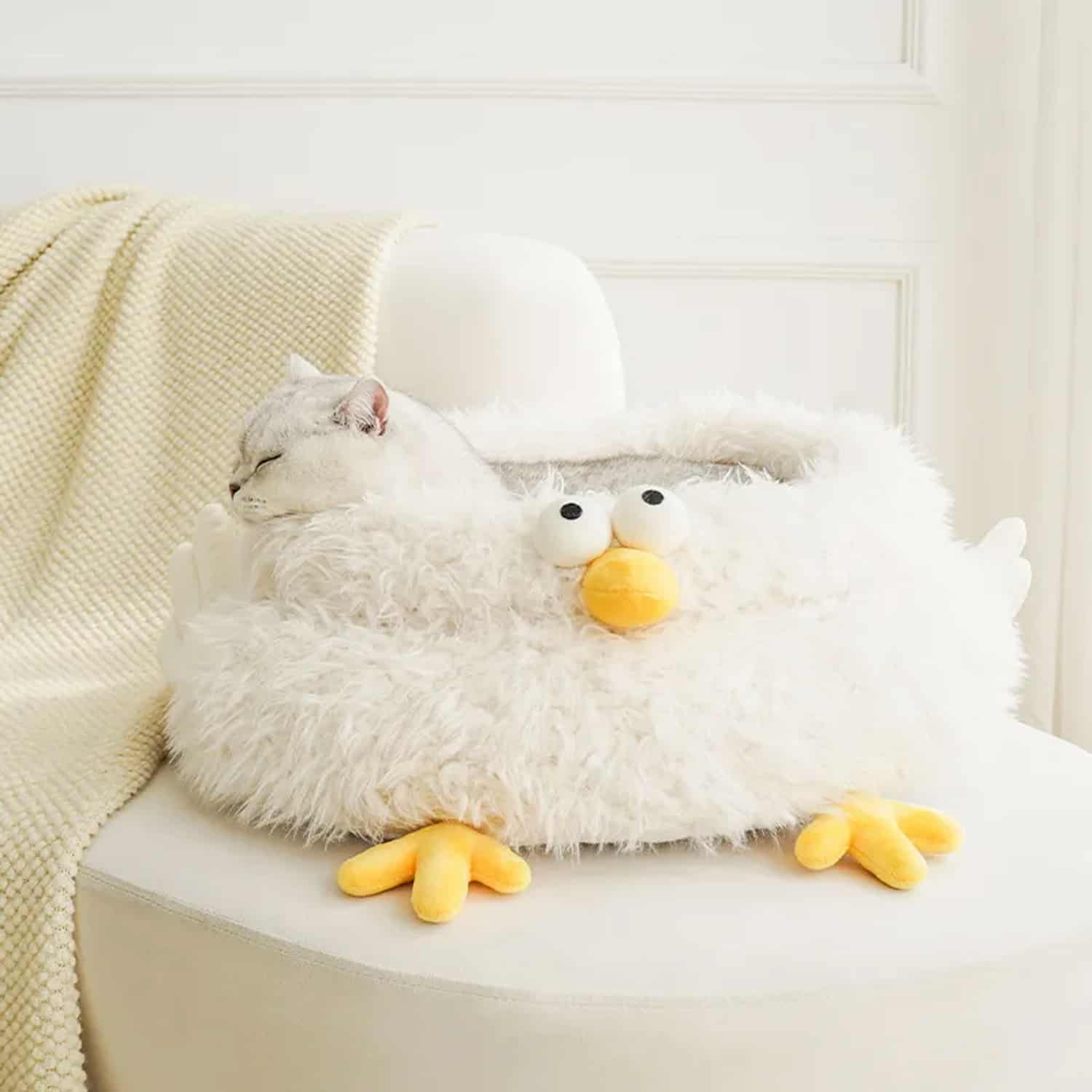 Plush duck character cat bed with lion velvet exterior, deep donut sleeping bowl, PP cotton fill, sculpted beak eyes wings and feet details, 19x19x8 inches