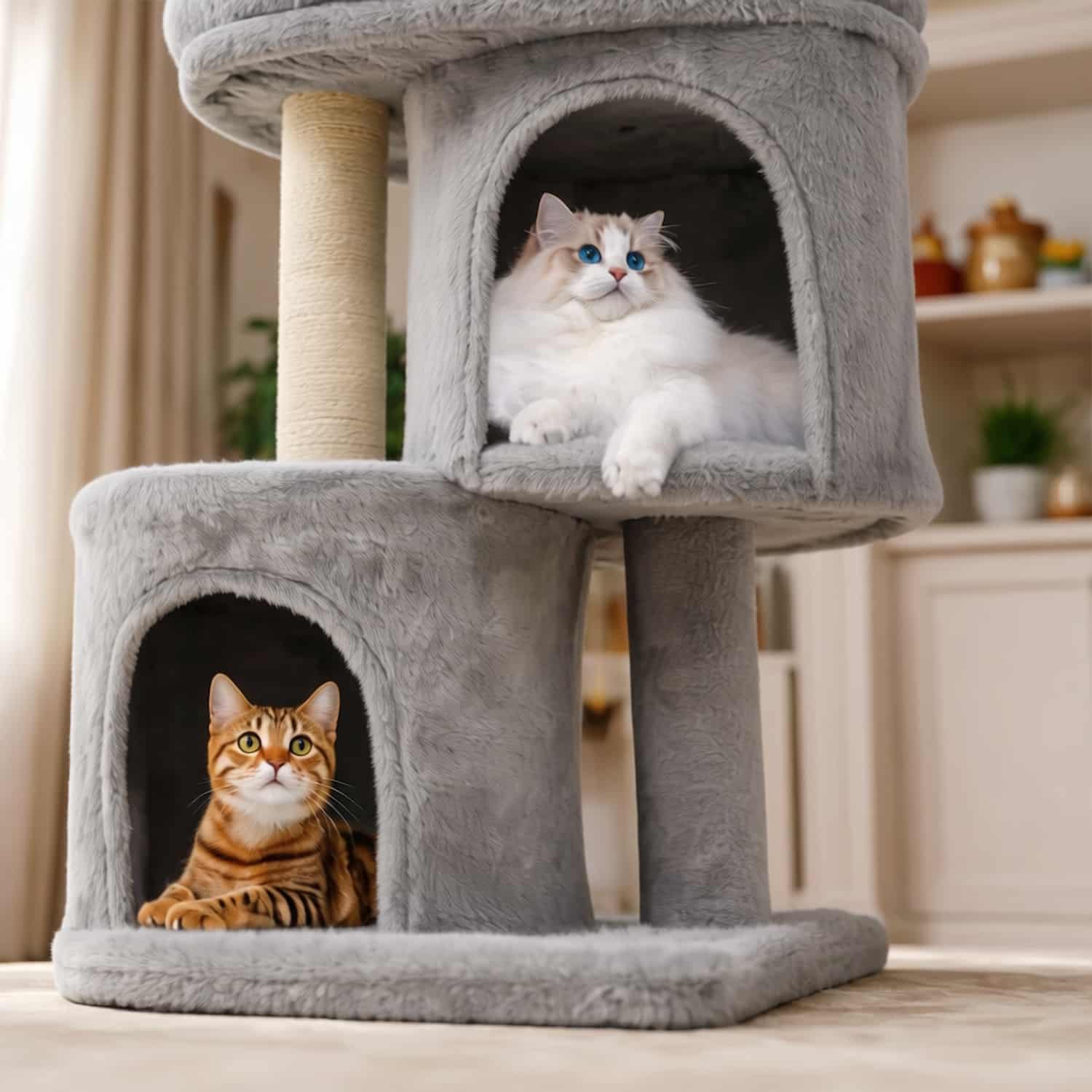 26-inch compact cat tower with two enclosed condos on separate levels, sisal scratching posts, cushioned top perch, and corner-fit base for small spaces
