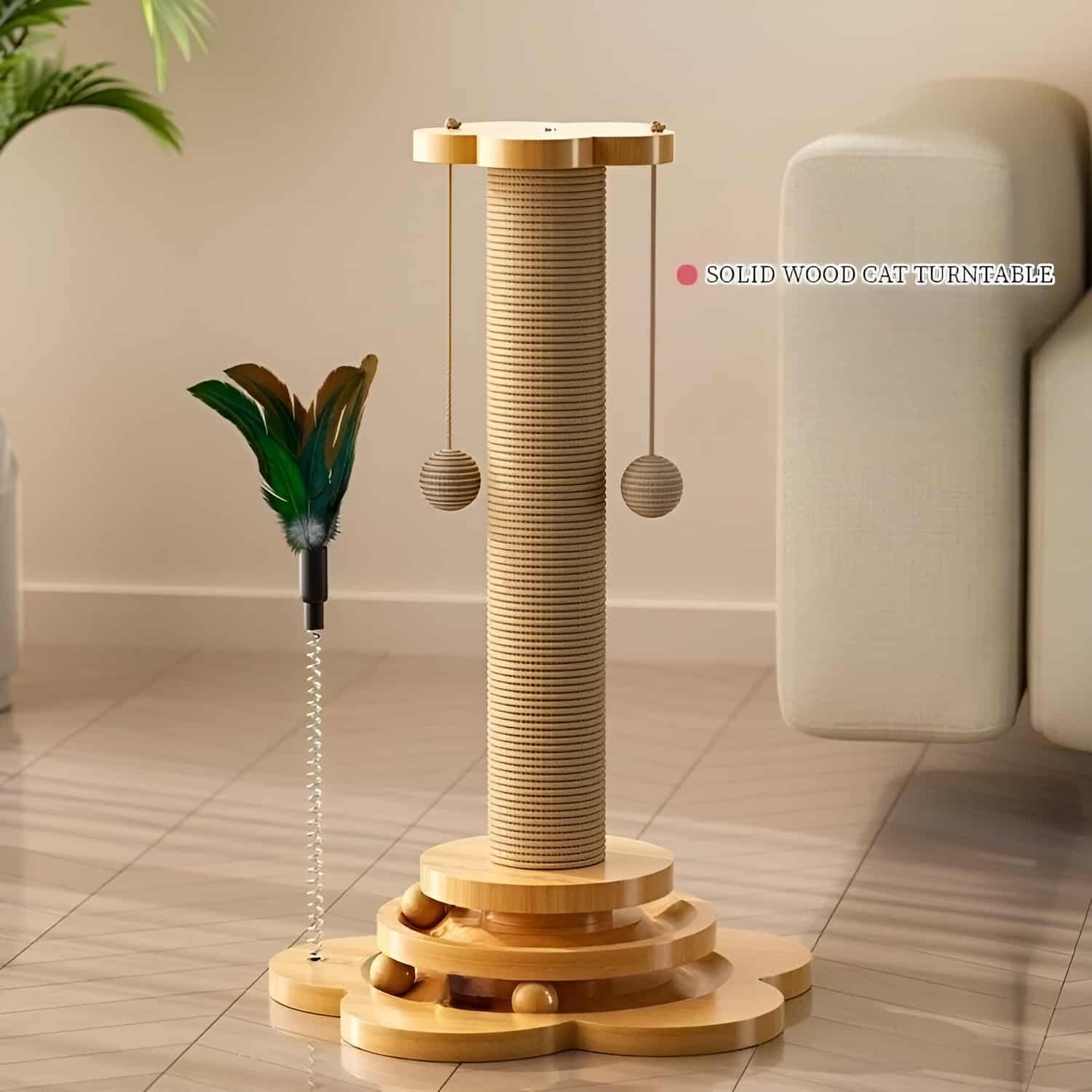 5-in-1 wooden cat scratching post with sisal column, two hanging balls, spring feather attachment, and interactive roller base, 9x18 inches, natural wood finish