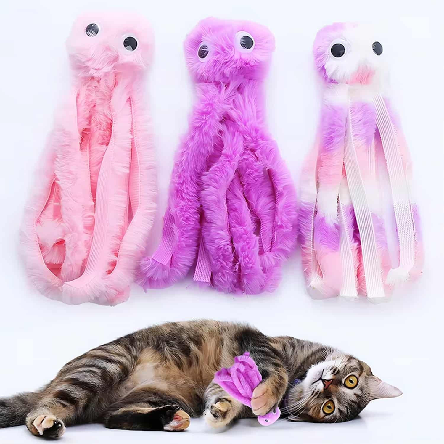 Catnip octopus plush cat toy with long flexible tentacles for grabbing, chewing, and cuddling, available in multiple colors for indoor cats