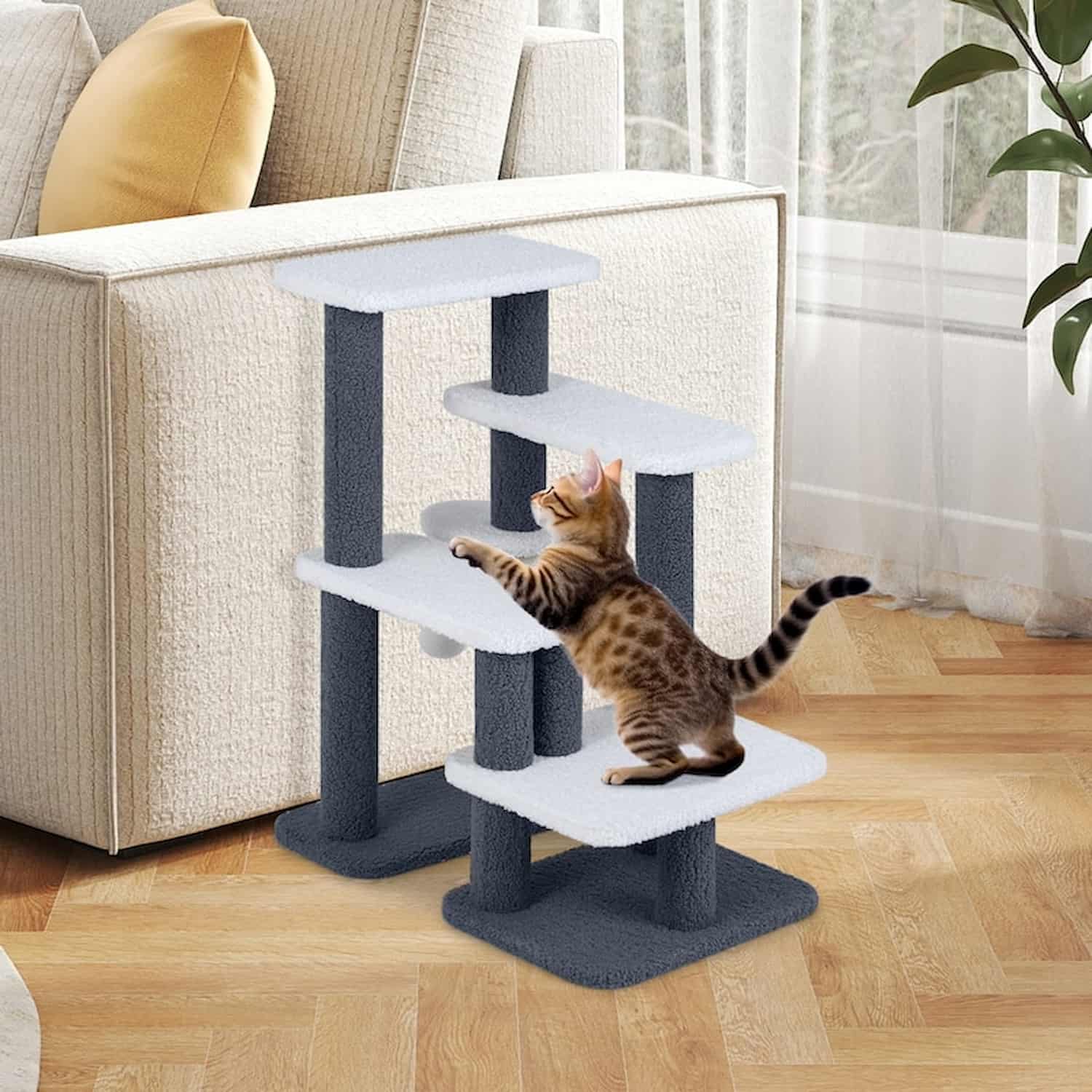 2-in-1 cat stairs and cat tree with 4 faux sherpa plush platforms, sisal scratching post, dangling toy ball, engineered board construction, 30 inches tall