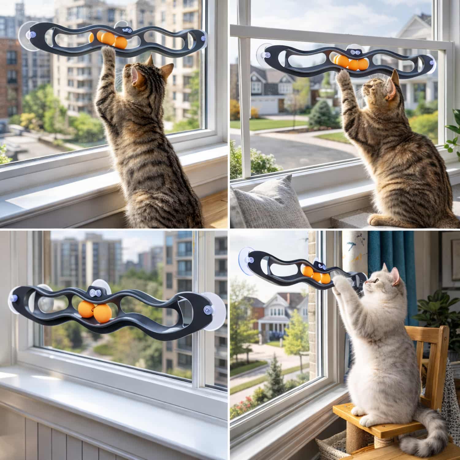 Window-mounted cat ball track toy with two rolling balls, wave-shaped track with paw access holes, and strong suction cup attachment for windows and tiles