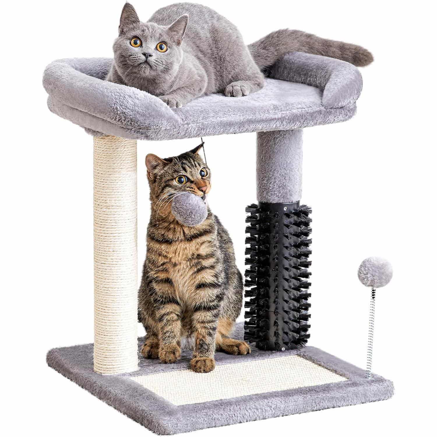 4-in-1 cat tree tower with sisal scratching post, built-in self-groomer brush, plush perch bed, and two dangling toy balls for indoor cats