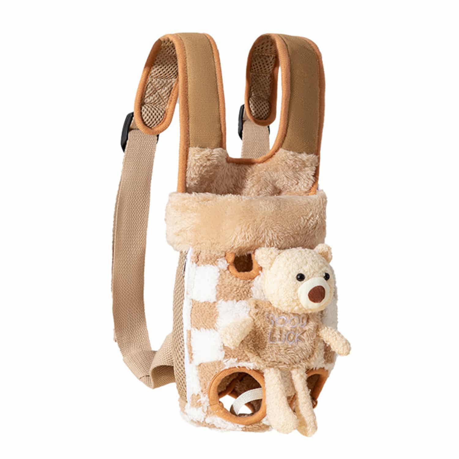 Fleece front-back pet carrier backpack with checkered plush exterior, wide leg openings, dedicated tail hole, and 3-layer shoulder straps for small dogs and cats up to 18 lbs